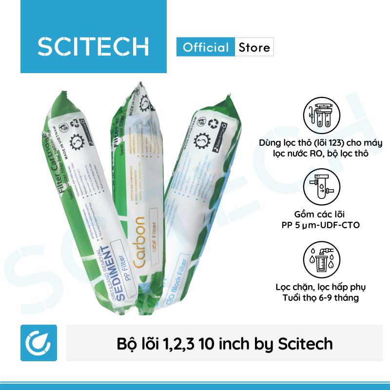 Bộ lõi số 1,2,3 10 inch by Scitech (Lõi PP-UDF-CTO) - Dùng cho máy lọc nước RO, bộ lọc thô - Hàng chính hãng