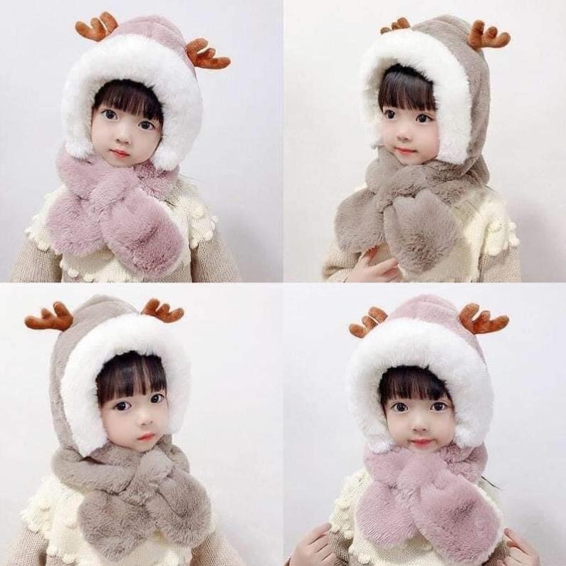 Mũ Lót Lông Sừng Hươu Kèm Khăn Cổ Cho Bé - Siêu Ấm, SIêu Cute, Siêu Mềm Mại Dày Dặn