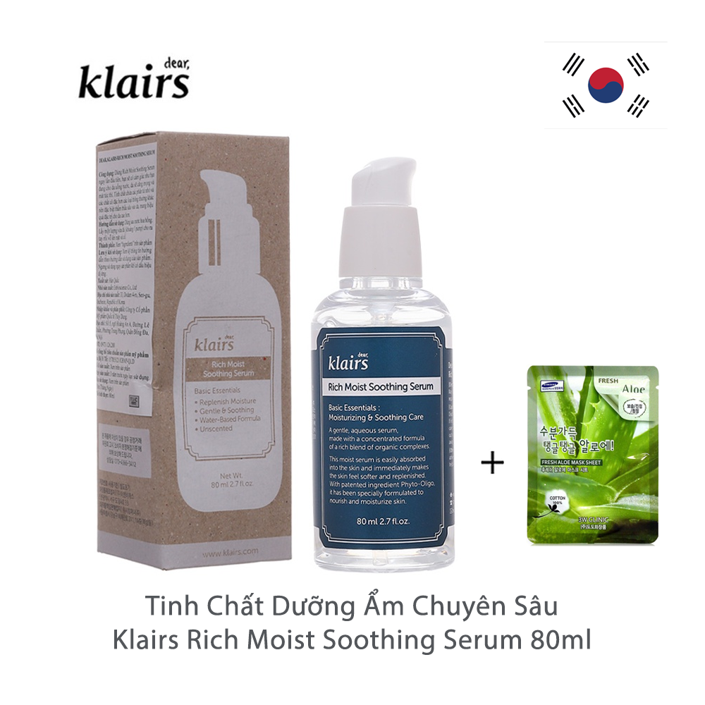 Tinh Chất Dưỡng Ẩm Chuyên Sâu Klairs Rich Moist Soothing Serum 80ml + Tặng Kèm 1 Mặt Nạ 3W Clinic