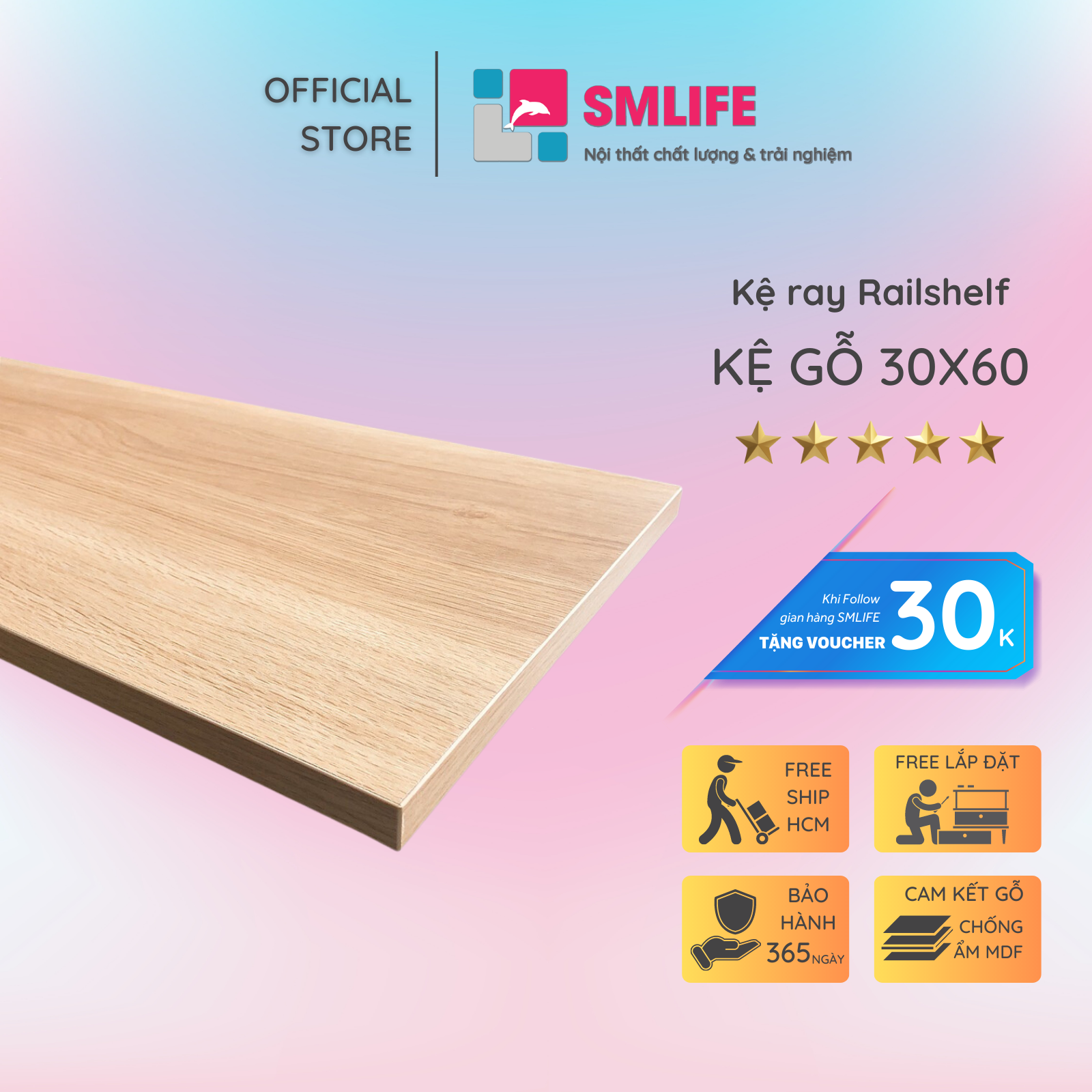 Kệ gỗ SMLIFE Railshelf 30x60cm - Phụ Kiện Thành Phần Để Lắp Hệ Kệ Ray Tường Railshelf