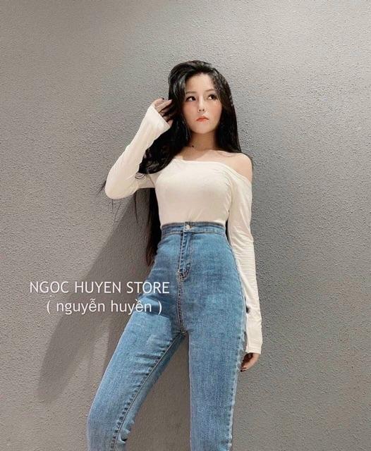 Quần jeans ôm body lưng siêu cao nút kiểu, quần jean nữ, quần bò nữ lưng cao trơn