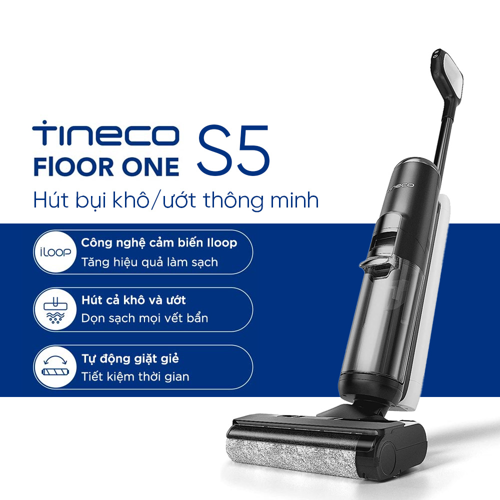 Máy Hút Bụi Không Dây, Máy Hút Bụi Lau Sàn Khô Uớt TINECO Floor One S5 Thương Hiệu Mỹ Công Nghệ Tự Giặt Giẻ, Diệt Khuẩn Với Lực Hút 12,000 Pa, Công Suất Hút 30 W - Hàng Nhập Khẩu