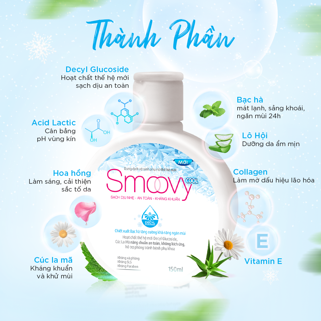 Dung dịch vệ sinh phụ nữ thế hệ mới Smoovy và Smoovy Cool sạch dịu nhẹ, an toàn, kháng khuẩn 150ml