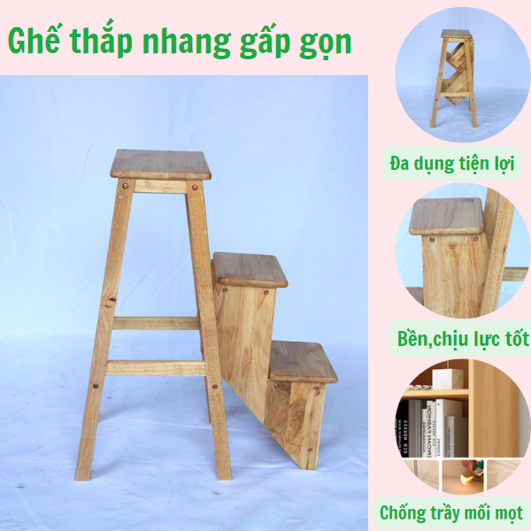 Ghế thắp nhang 3 bậc có thể gấp gọn-ghế lấy đồ trên cao bằng gỗ cao su thiên nhiên