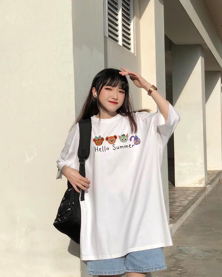 Áo Thun Nữ Tay Lỡ Màu Hồng In Icon Thú Cưng Hoạt Hình Hello Summer Local Brand DLX Áo Phông Nữ Đẹp