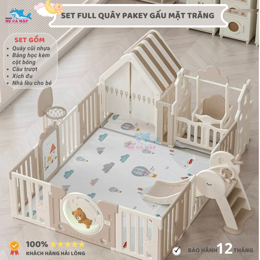 Quây Cũi Nhựa SET FULL VIP 2023 Gấu Mặt Trăng - Kèm Cầu Trượt -Xích Đu -Nhà Lều, Quây Nhựa Dày Dặn Bảo Hành 1 Năm