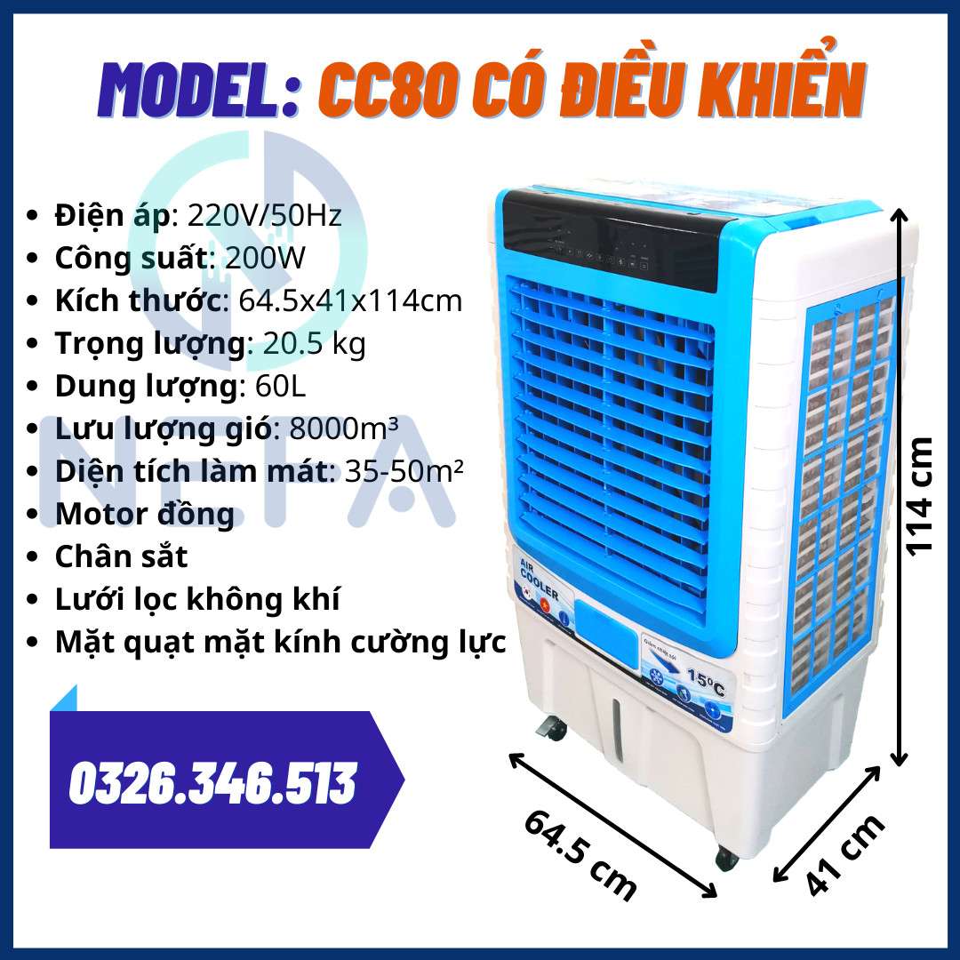 Quạt Điều Hòa - CC80 - Có Điều Khiển Từ Xa - Dung Tích 60L - Hàng Chính Hãng