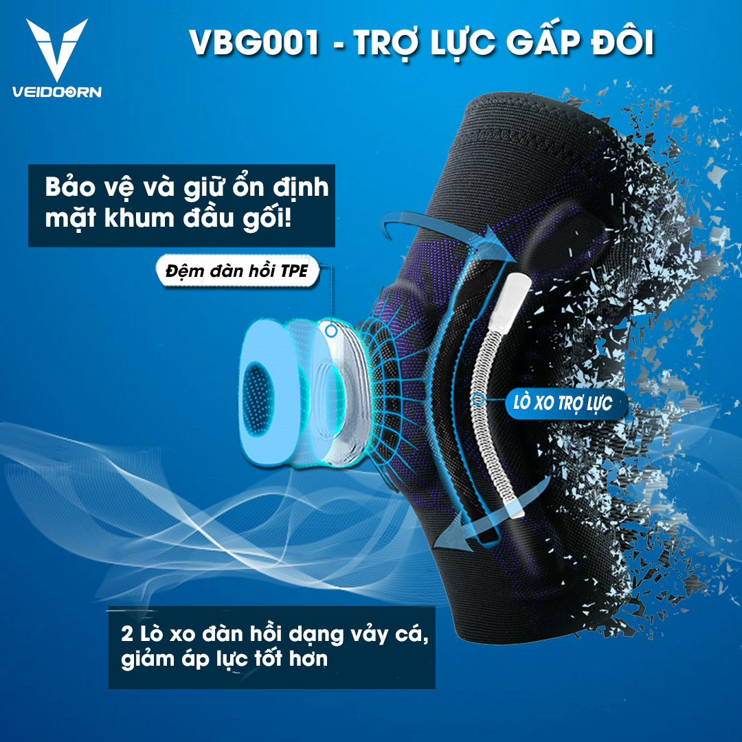 Bó gối thể thao VEIDOORN, Băng bảo vệ đầu gối trợ lực, Đai bó khớp gối, bóng đá, bóng chuyền (VBG001)