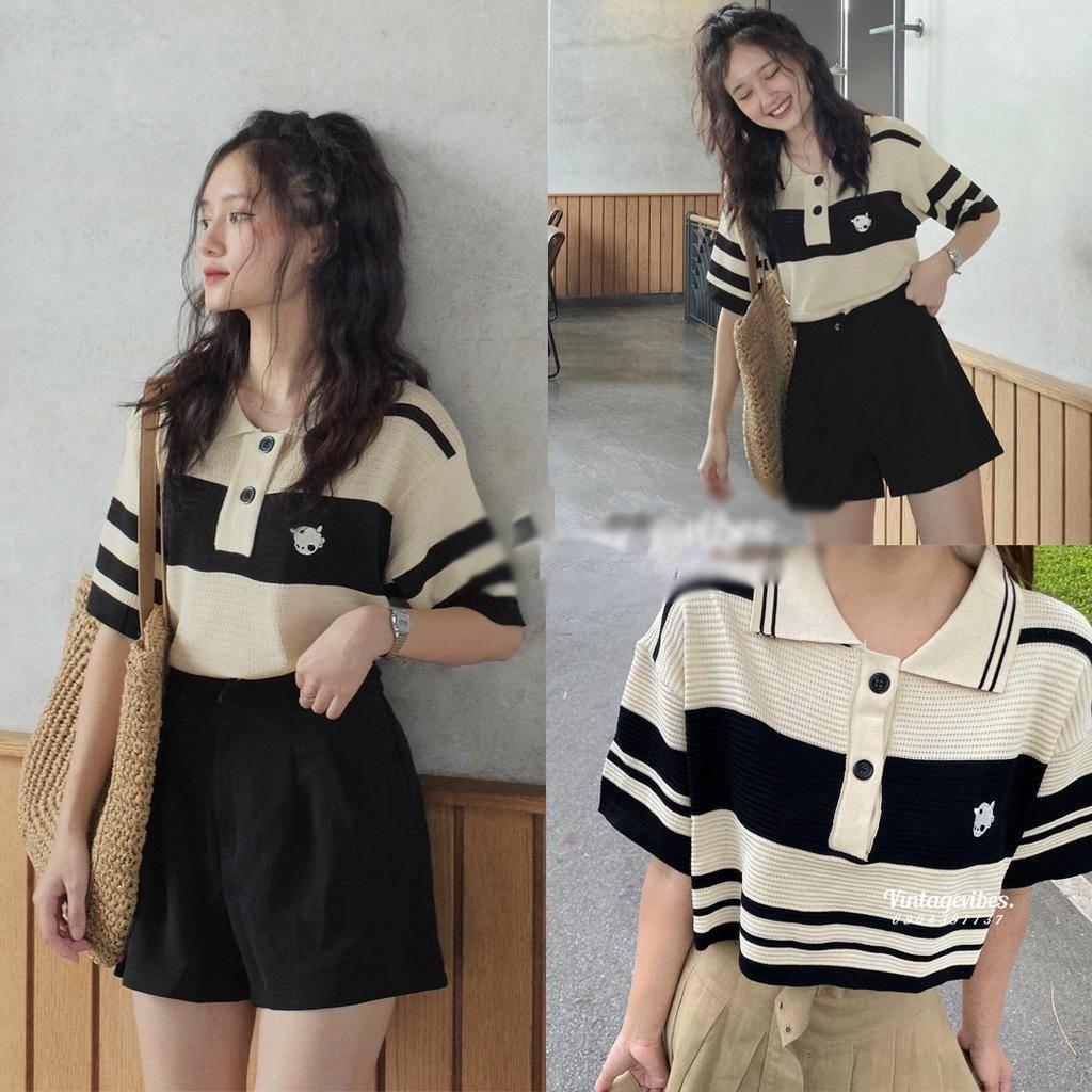 Áo len nữ Montoghi dệt kim Quảng Châu cổ bẻ cộc tay DÁNG RỘNG kẻ sọc RETRO có LOGO phong cách trẻ trung