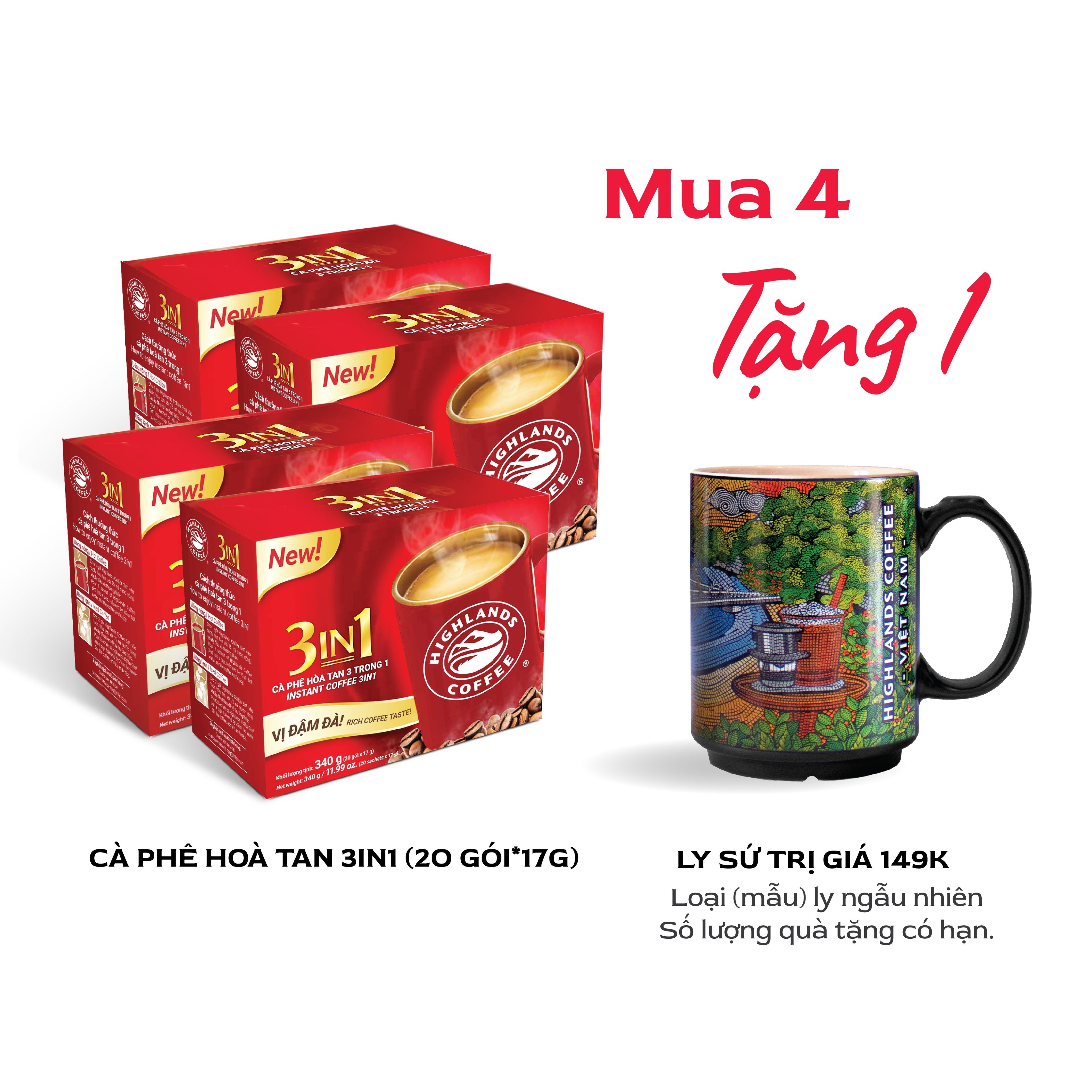 [MUA 4 TẶNG 1] Cà Phê Hòa Tan 3in1 Highlands Coffee (20 Gói x 17g) (tặng 01 ly sứ Highlands)