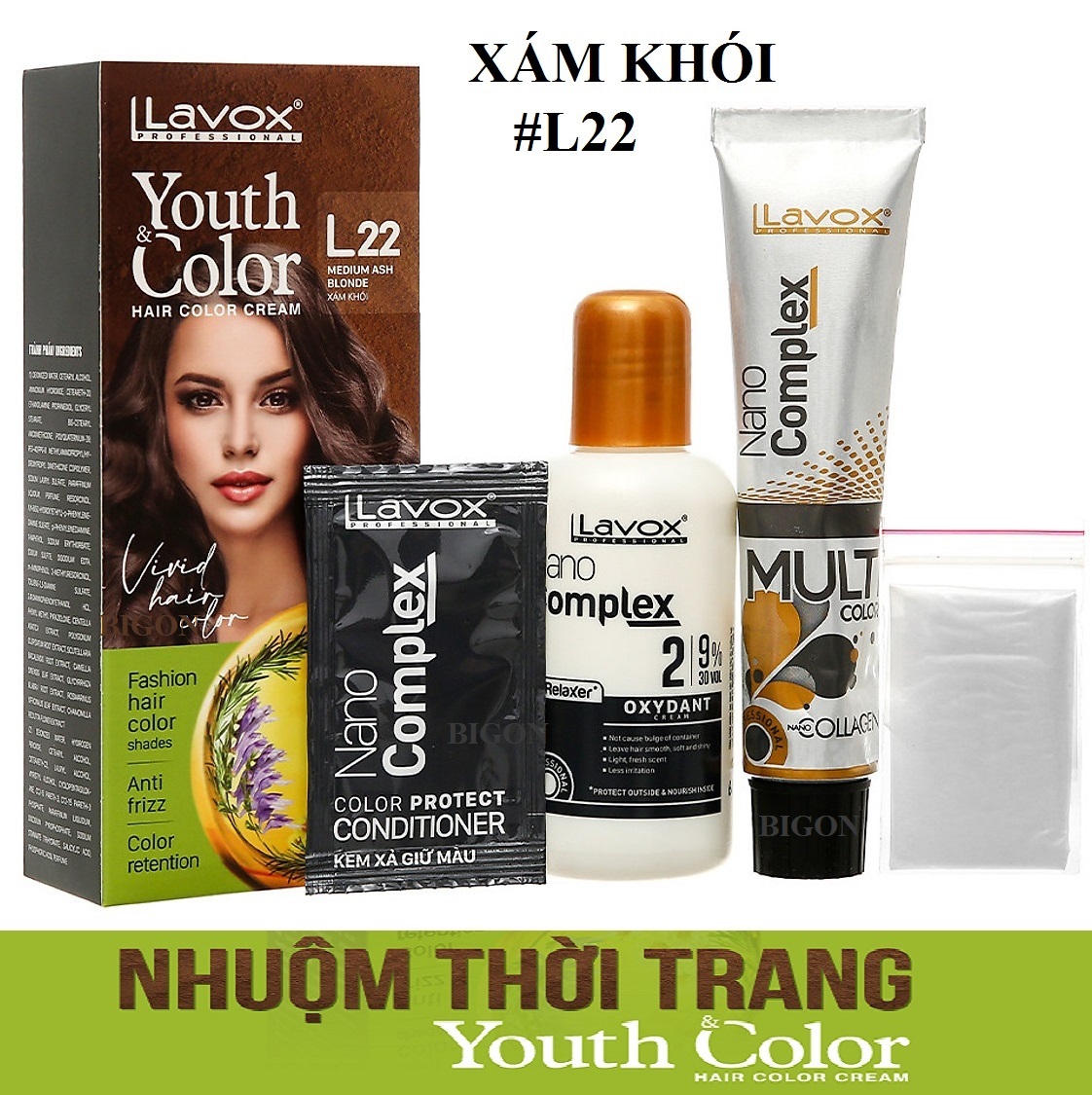 Xám Khói - Combo 2 Kem Nhuộm Tóc Màu Thời Trang Lavox Youth&Color L22 Xám Khói + L24 Nâng Tông Màu (Sử Dụng Màu L24 Để Nâng Tông Màu Tóc Trước Khi Nhuộm Màu L22 Xám Khói)