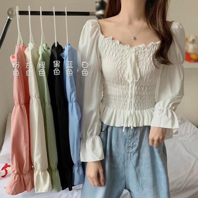 Áo Kiểu Tay Dài Cổ Vuông Thiết Kế Màu Trơn Thanh Lịch
