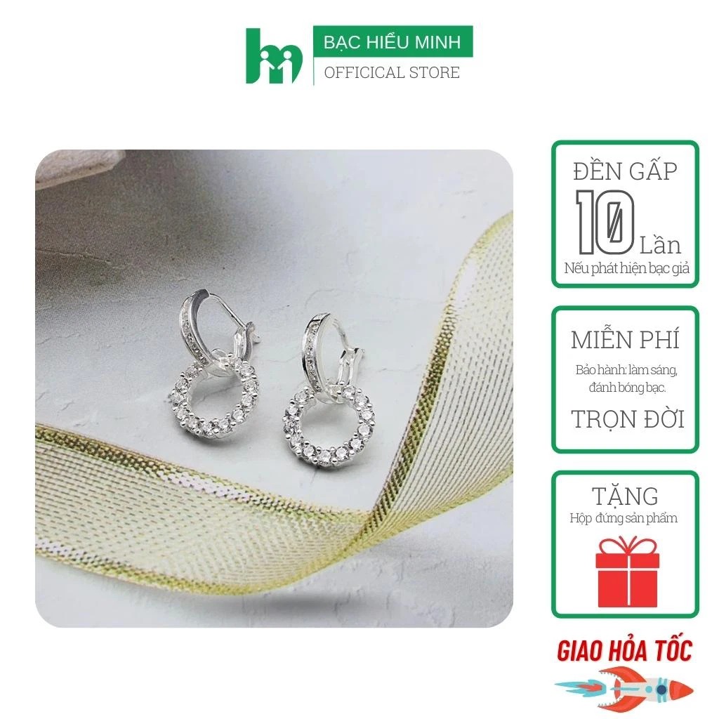 Hoa Tai Bông Tai Khuyên Tai Nữ Bạc Hiểu Minh HT333 - Hình Tròn Đính Đá - Bảo Hành Vĩnh Viễn