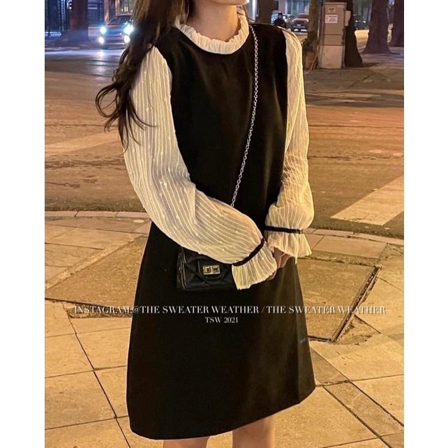 ĐẦM SUÔNG ĐEN TAY PHỐI TRẮNG CỔ BÈO TRẮNG