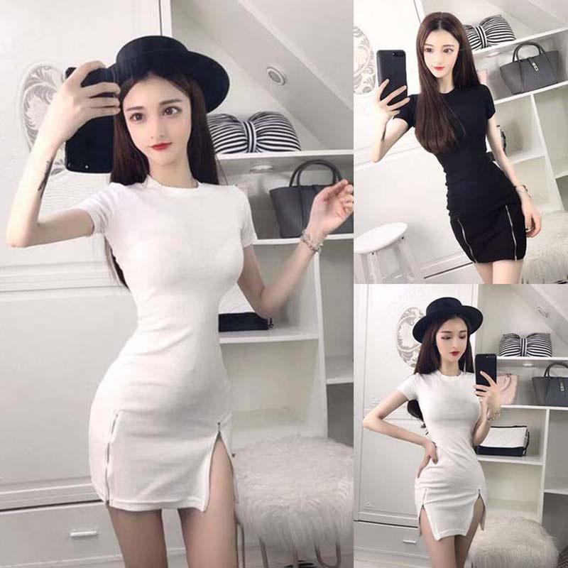 Đầm Body tay ngắn cổ tròn thiết kế màu trơn thanh lịch