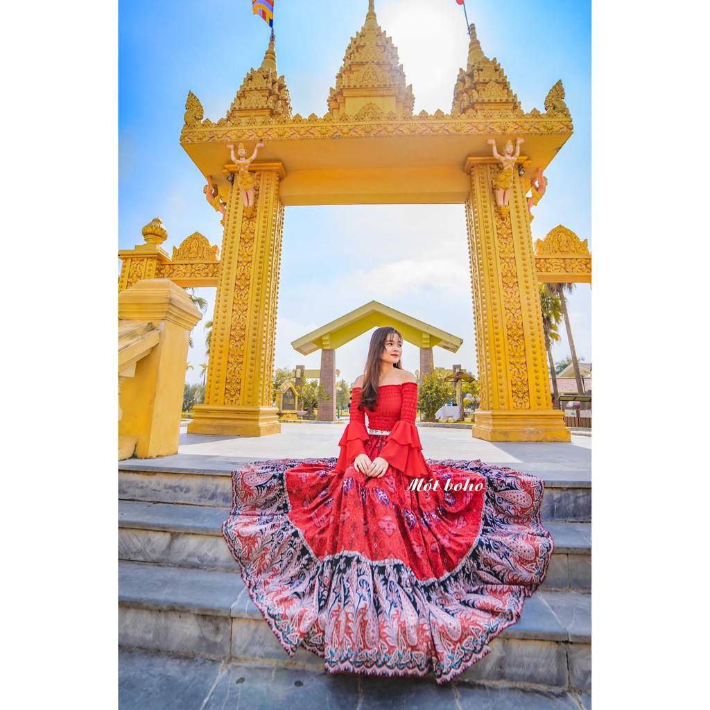 Áo voan trễ vai nhún ngực tay loe