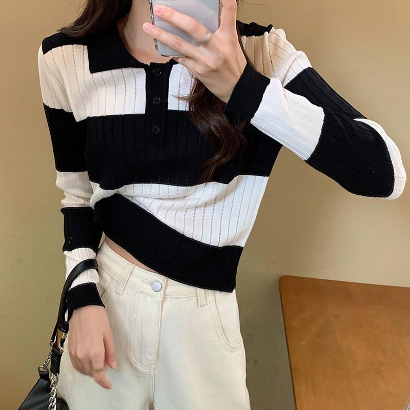 Áo Sweater Dệt Kim Tay Dài Phối Màu Tương Phản Dễ Phối Đồ Cho Nữ