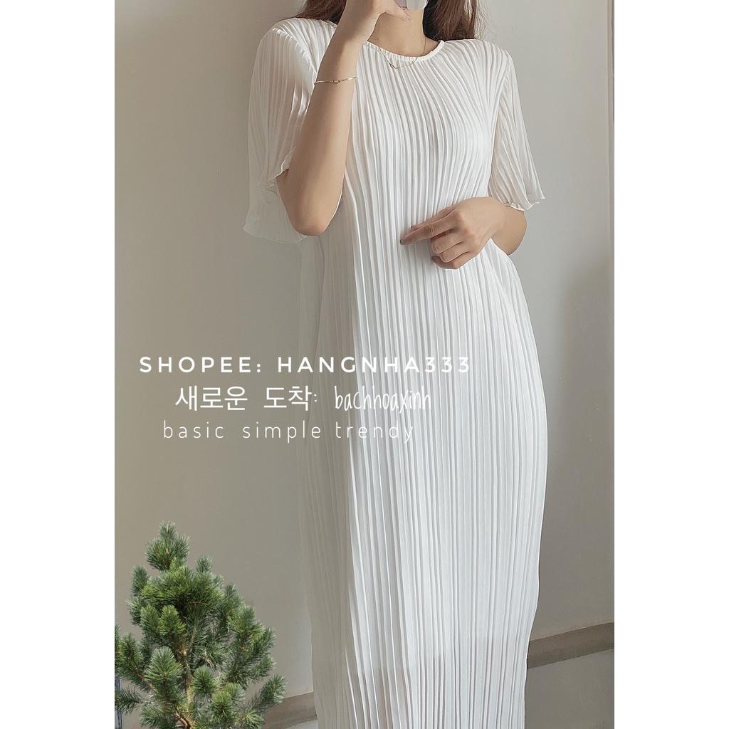 Đầm xếp ly tay ngắn dáng suông dáng dài basic trendy Ulzzang