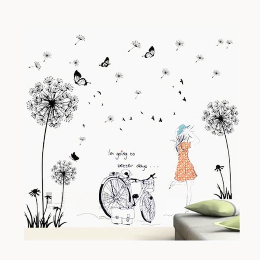 Decal dán tường hoa bồ công anh và cô gái combo trang trí lãng mạn