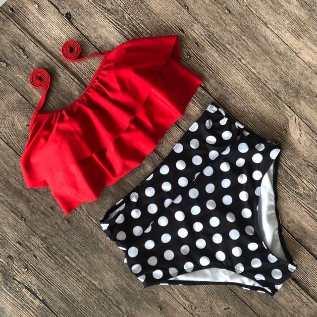 Đồ bơi nữ Bikini 2 mảnh nhún bèo hàn quốc đi biển mẫu mới đồ bơi dễ thương chấm bi QC006