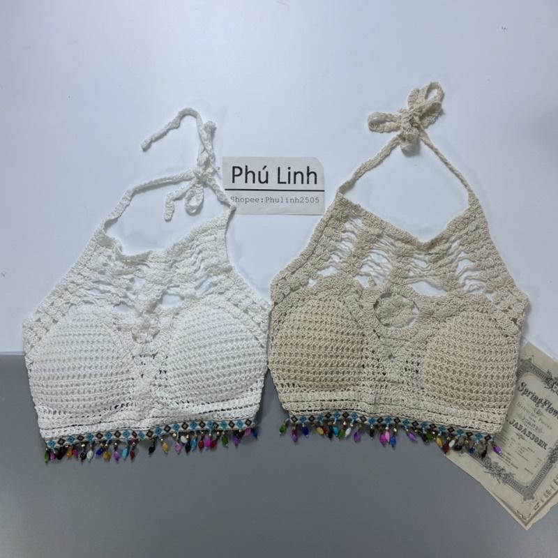 MS611 Áo yếm kiểu đan móc đính hạt tua rua đi biển mix quần jeans