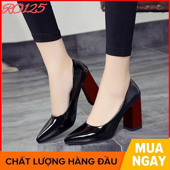 Giày cao gót nữ đẹp đế vuông 7 phân hàng hiệu rosata màu đen đỏ ro125