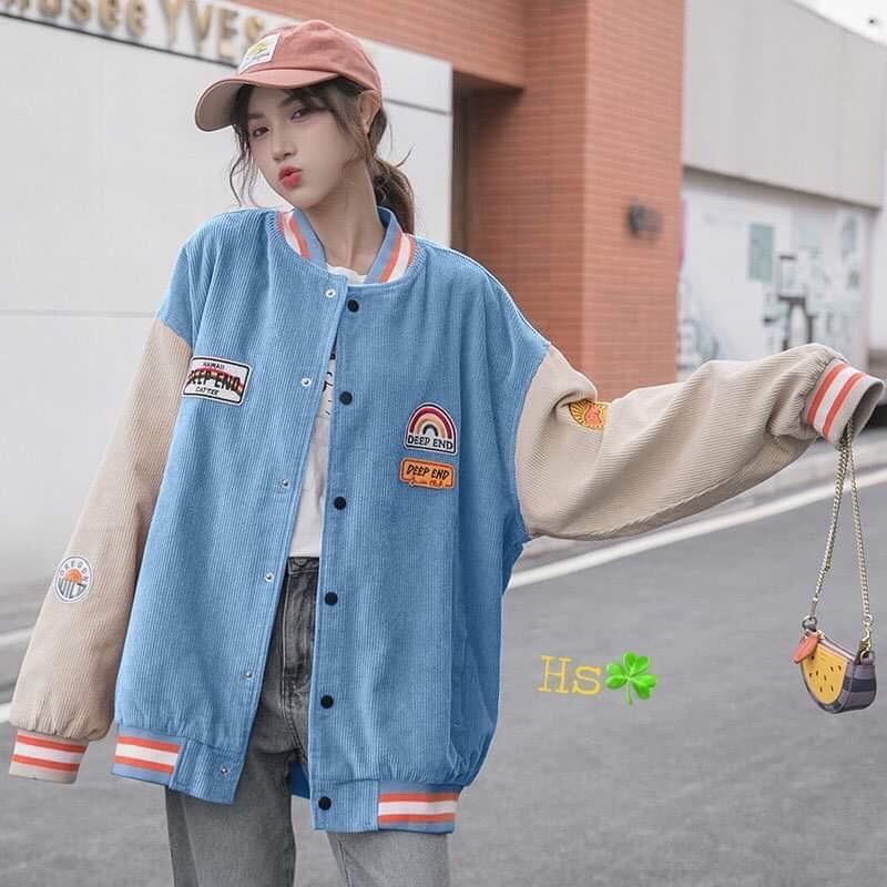 ÁO KHOÁC BOMBER NHUNG TĂM Unisex Form Rộng 2 MÀU XANH HỒNG