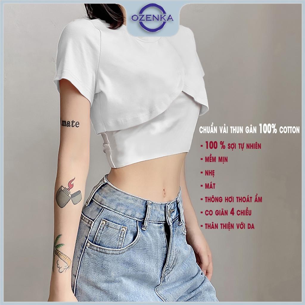 Áo croptop ngắn kiểu đắp chéo cộc tay nữ OZENKA , áo crt gợi cảm ulzzang cotton màu đen trắng dưới 55 cân