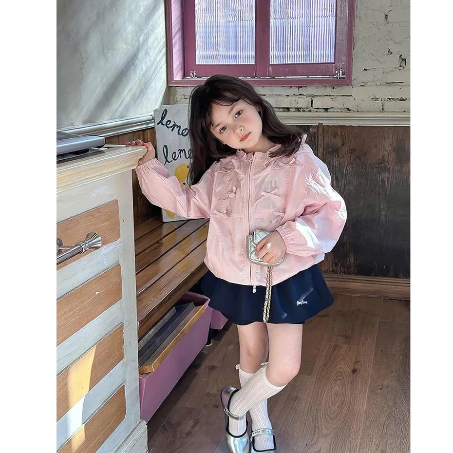 Áo Khoác Gió Bé Gái Có Nón Đính Nơ Cực Xinh - Chống Nắng Từ 12-45kg Dành Cho Bé Gái