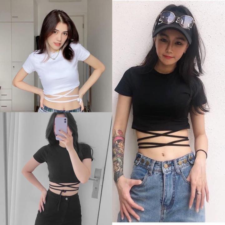 Áo thun croptop dây buộc eo ôm dáng vải thun lạnh