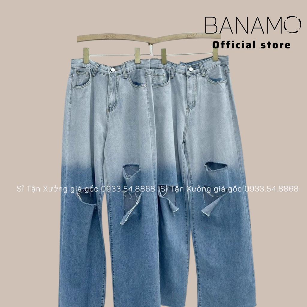 Quần jean nữ xuông rách gối loang màu đậm nhạt siêu đep thời trang Banamo Fashion bò xuông rách gối 9612