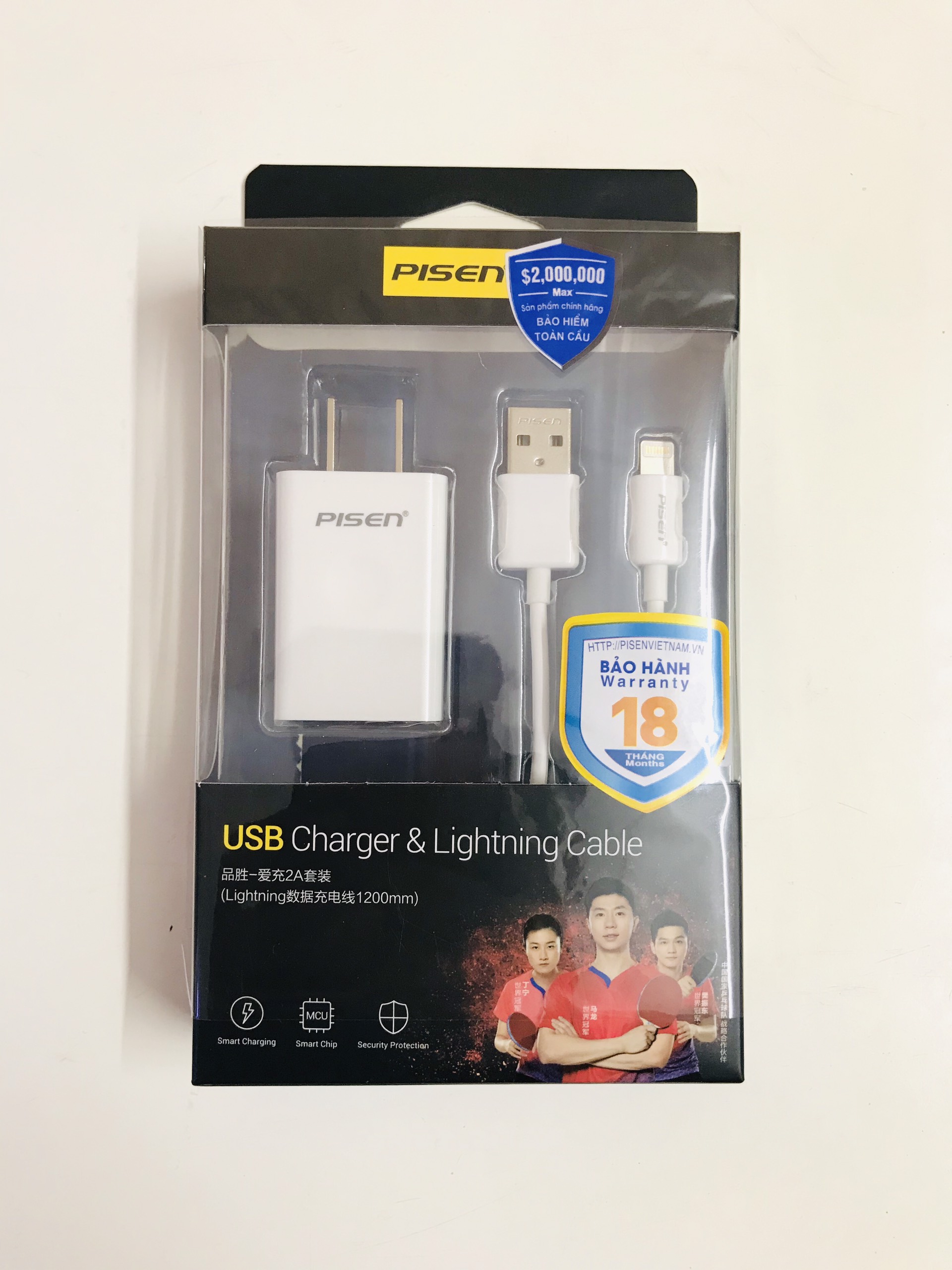 Combo Sạc  Pisen  USB Charger 2A Lightning (sạc nhanh Pisen 1 cổng 2A kèm cáp sạc lightning 1.2m)-Màu ngẫu nhiên - Hàng chính hãng