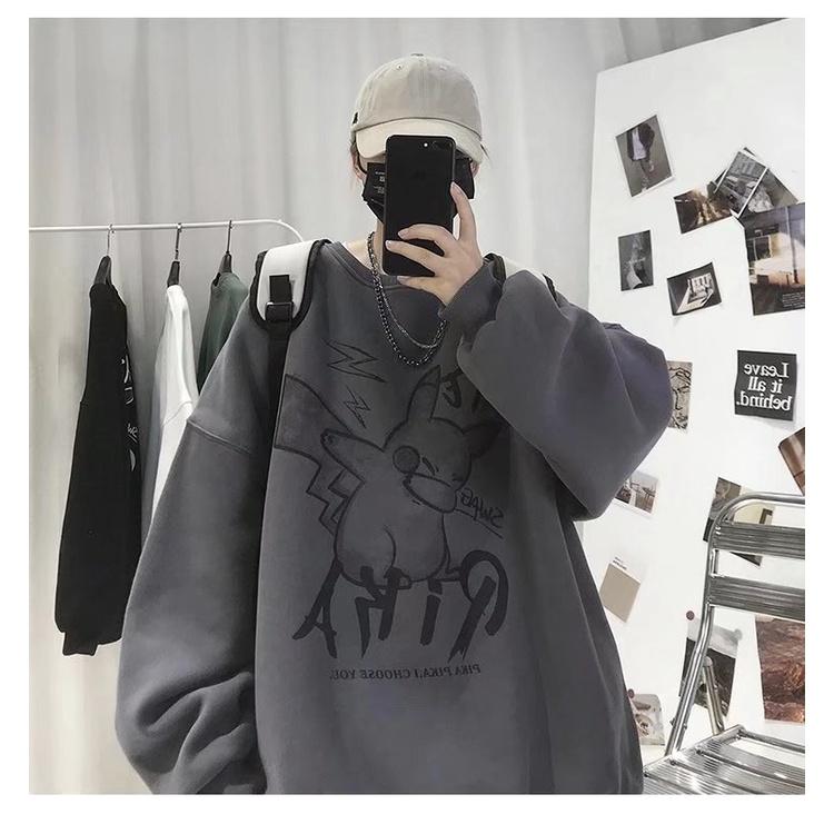 Áo Sweater Tay Dài Cổ Tròn Dáng Rộng In Họa Tiết Hoạt Hình Phong Cách Hip Hop