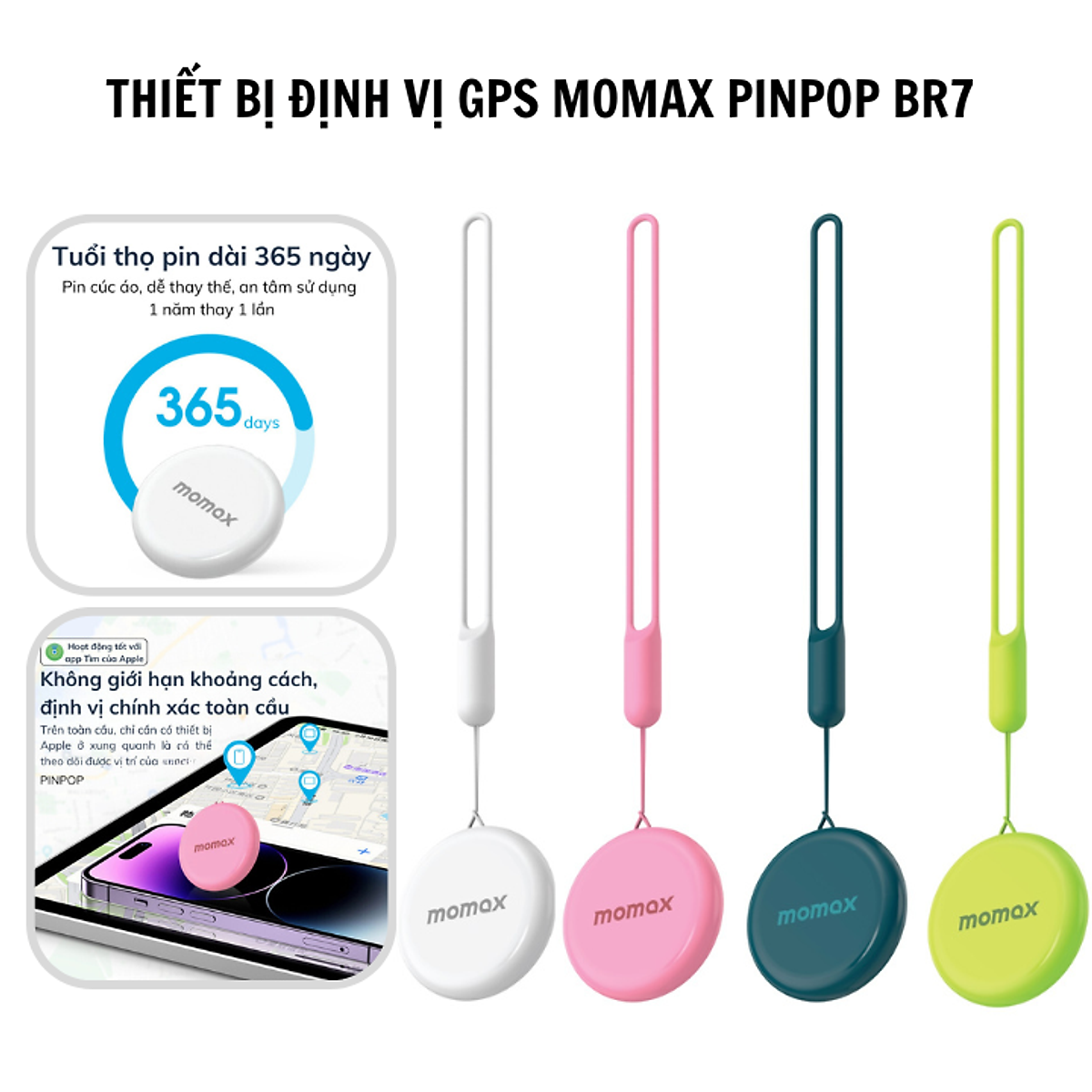 Định Vị GPS Momax PINPOP BR7 bỏ túi nhỏ gọn, định vị đa năng theo dõi người, đồ vật, hành lý, kèm dây móc treo - Hàng chính hãng