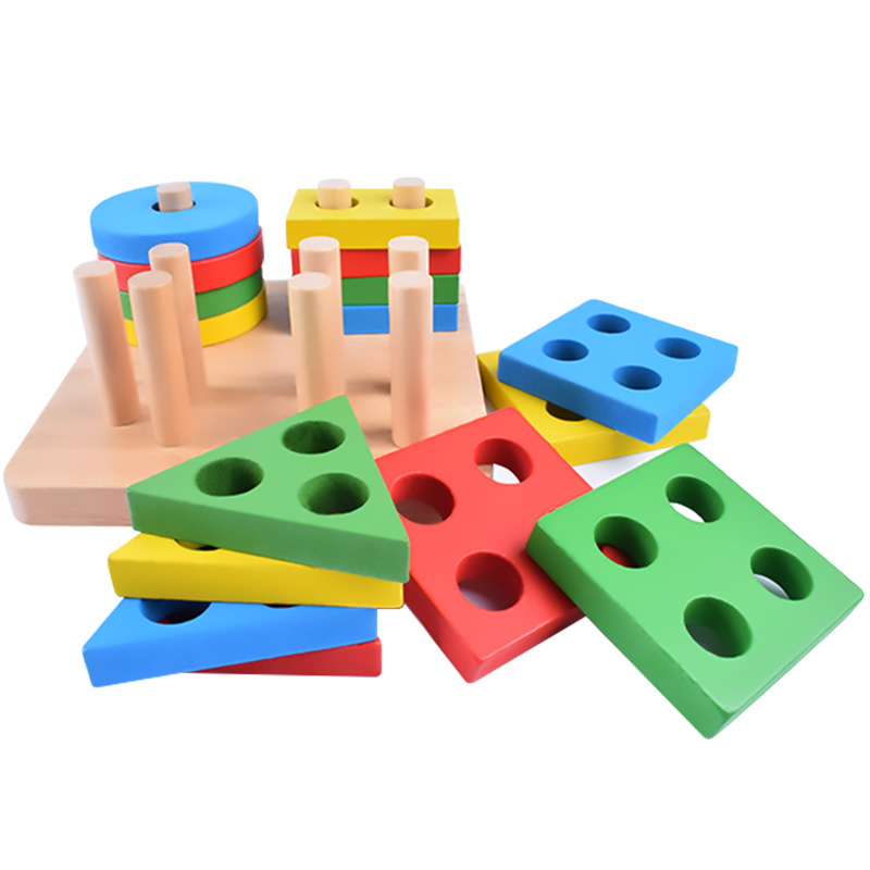 Thả Khối Montessori 4 Trụ Bằng Gỗ Giúp Bé Nhận Biết Hình Khối Và Màu Sắc