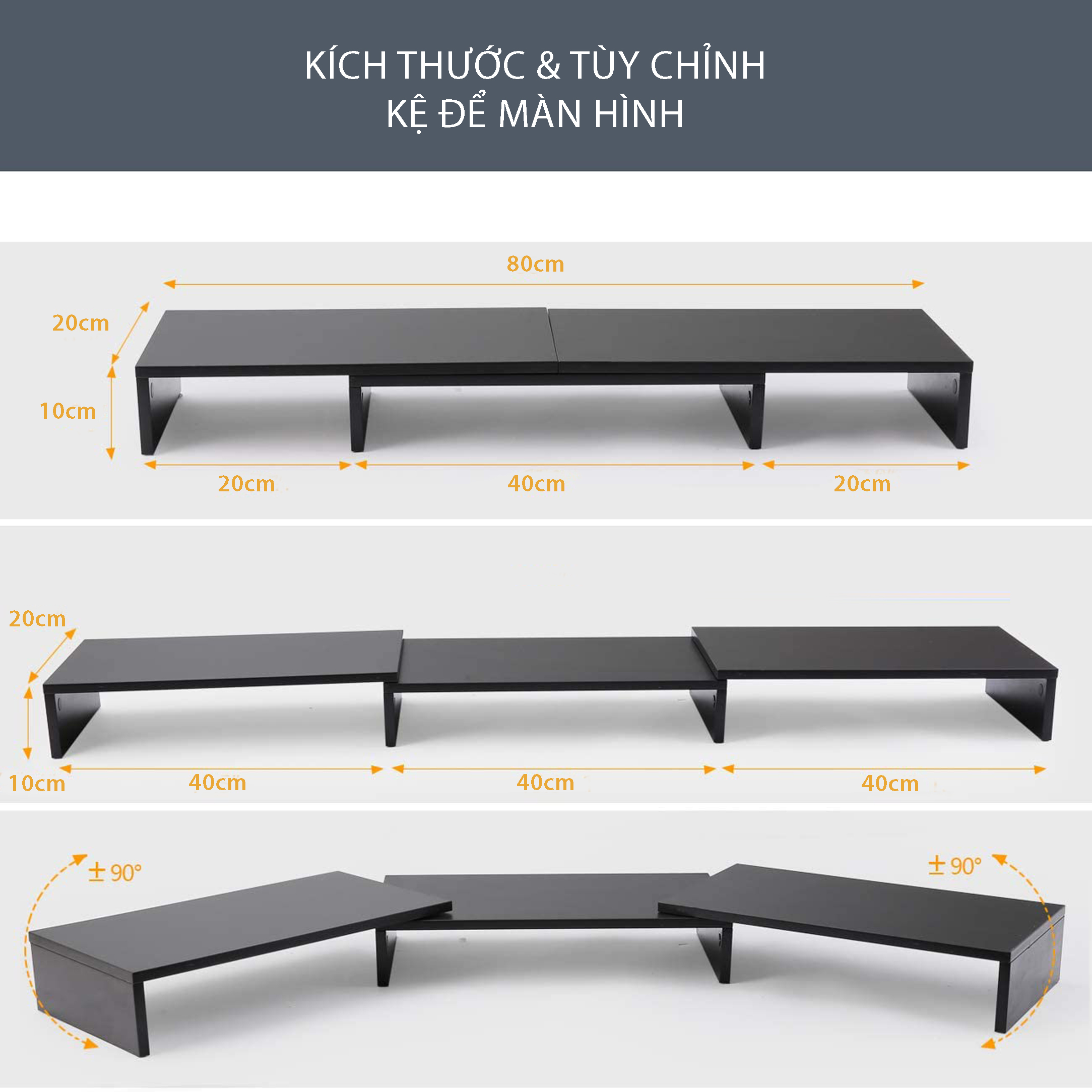 Bộ 3 Kệ Để Màn Hình SIB DECOR Đa Chức Năng Dễ Dàng Điều Chỉnh Chiều Dài Từ 80 Đến 120cm (Không gồm các đồ trang trí).