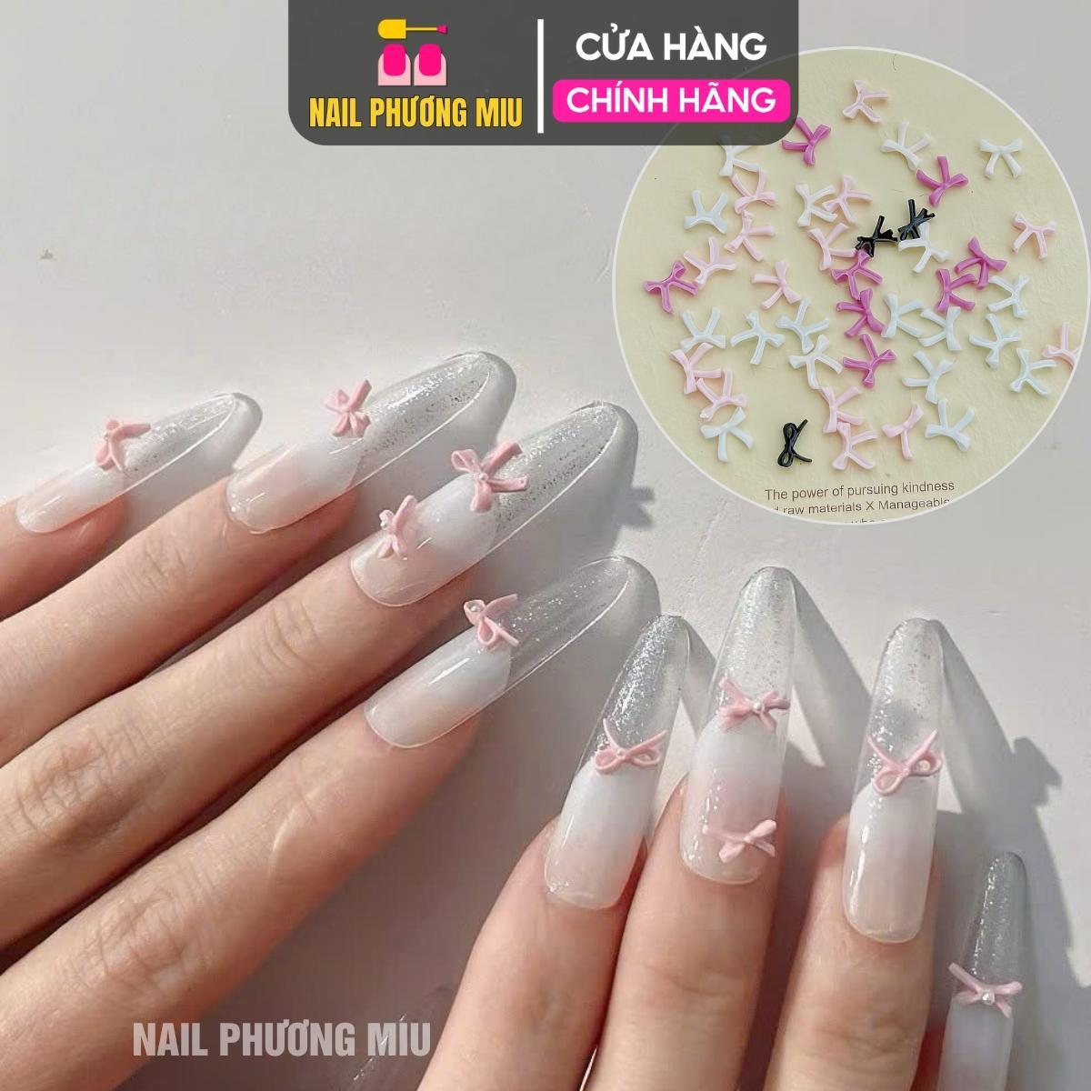 Set 50 Chiếc Charm Nơ Nhựa Nổi 3D SJY Mẫu Mới Làm Nail Siêu Xinh, Nơ Nút Thắt Ruy Băng Mix Màu Trắng Hồng Đen Size Mini Trang Trí Móng Hàn Quốc