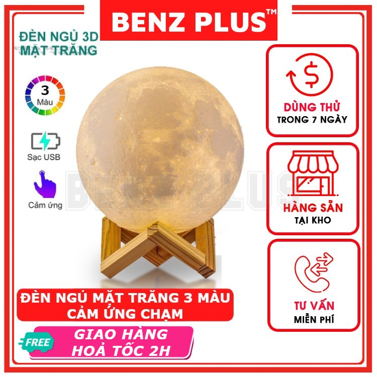 Đèn ngủ mặt trăng BENZ trang trí phòng ngủ phiên bản PREMIUM 2021 size 10cm/12cm/15cm/18cm/20cm tặng đế gỗ, dây sạc