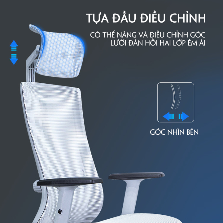 Ghế xoay văn phòng đệm cao su non thiết kế công thái học, đệm cao su non, bảo vệ lưng,tựa lưng và đầu điều chỉnh,lưới thoáng