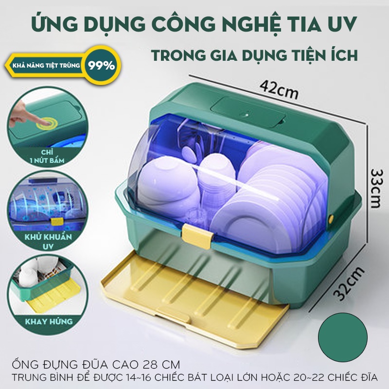 Tủ đựng bát đĩa khử trùng bằng tia UV giúp diệt 99,9% vi khuẩn - Giá úp bát có nắp đậy chống bụi bẩn HÀNG CHÍNH HÃNG