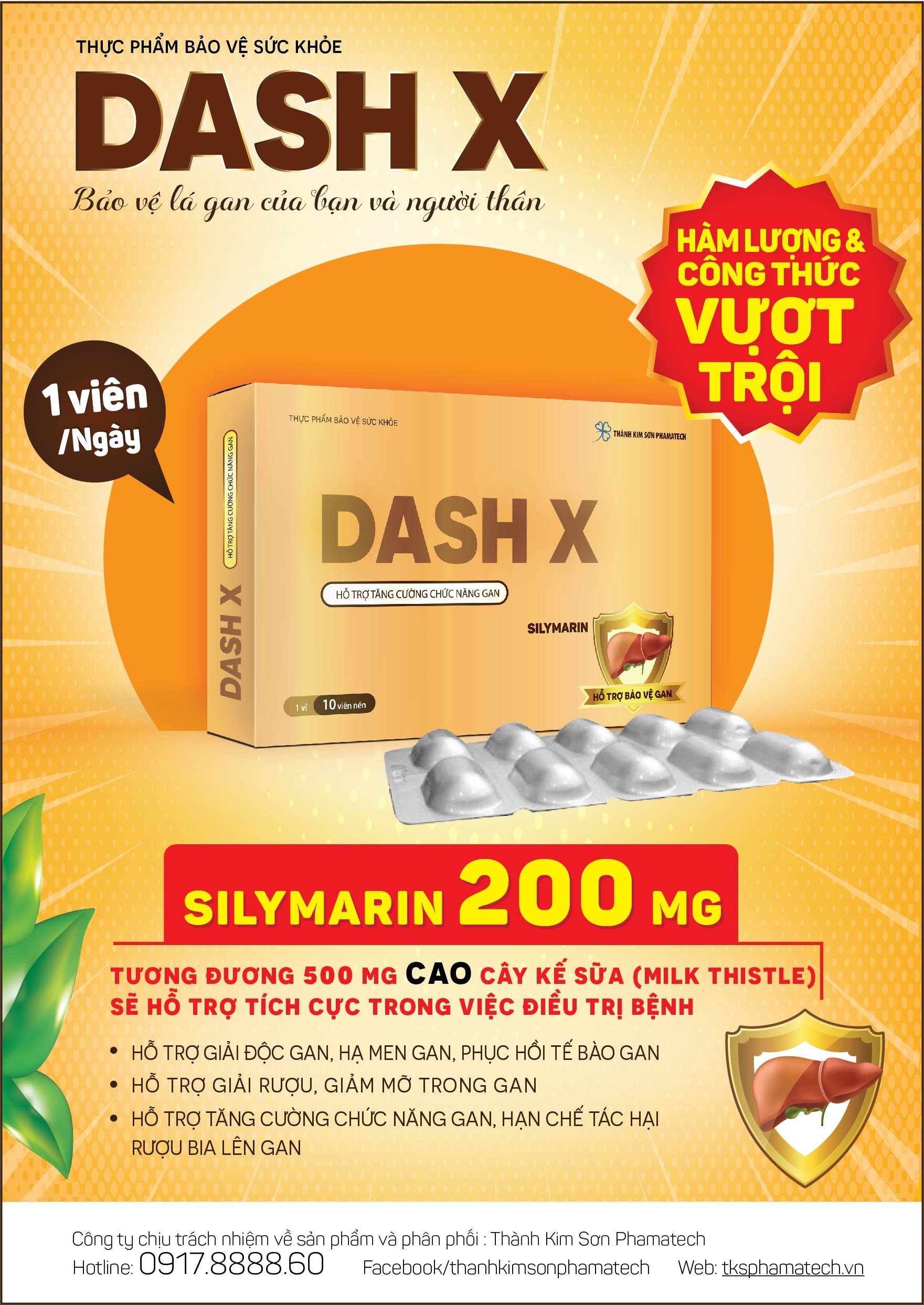 Thực phẩm chức năng - BỔ GAN; DASH X, SYLIMARIN 40% 200MG (500mg Milk Thistle extract); chỉ uống  1 VIÊN/NGÀY; Hỗ trợ : bổ gan, giải độc gan, phục hồi chức năng gan (10 Viên/Hộp)