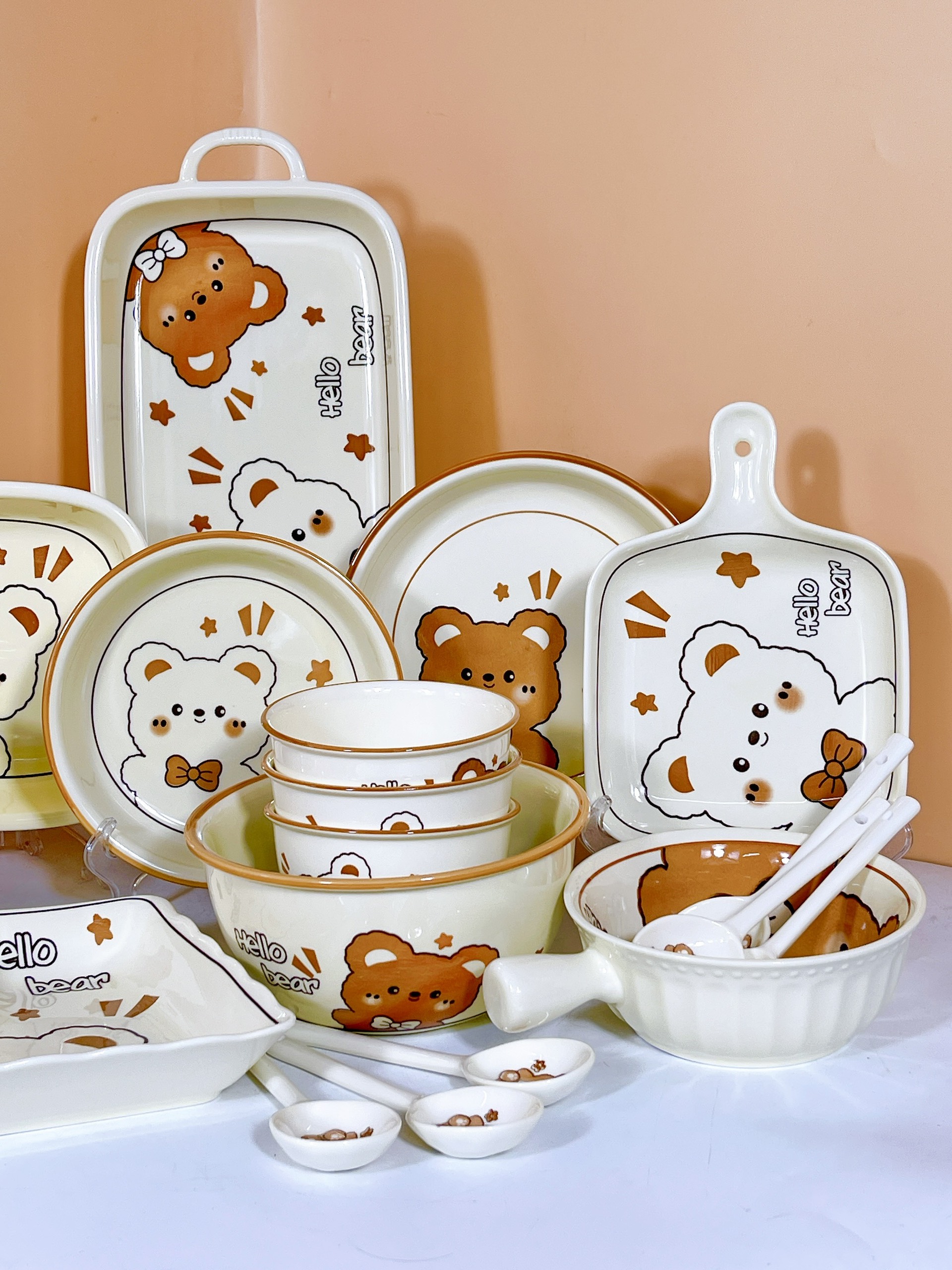 Bộ Bát Đĩa Gốm Sứ Cao Cấp Gosu Hình Gấu Cam Trắng Đáng Yêu