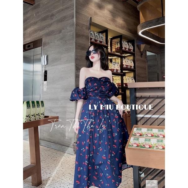 Váy đầm hoa trễ vai tay bồng maxi
