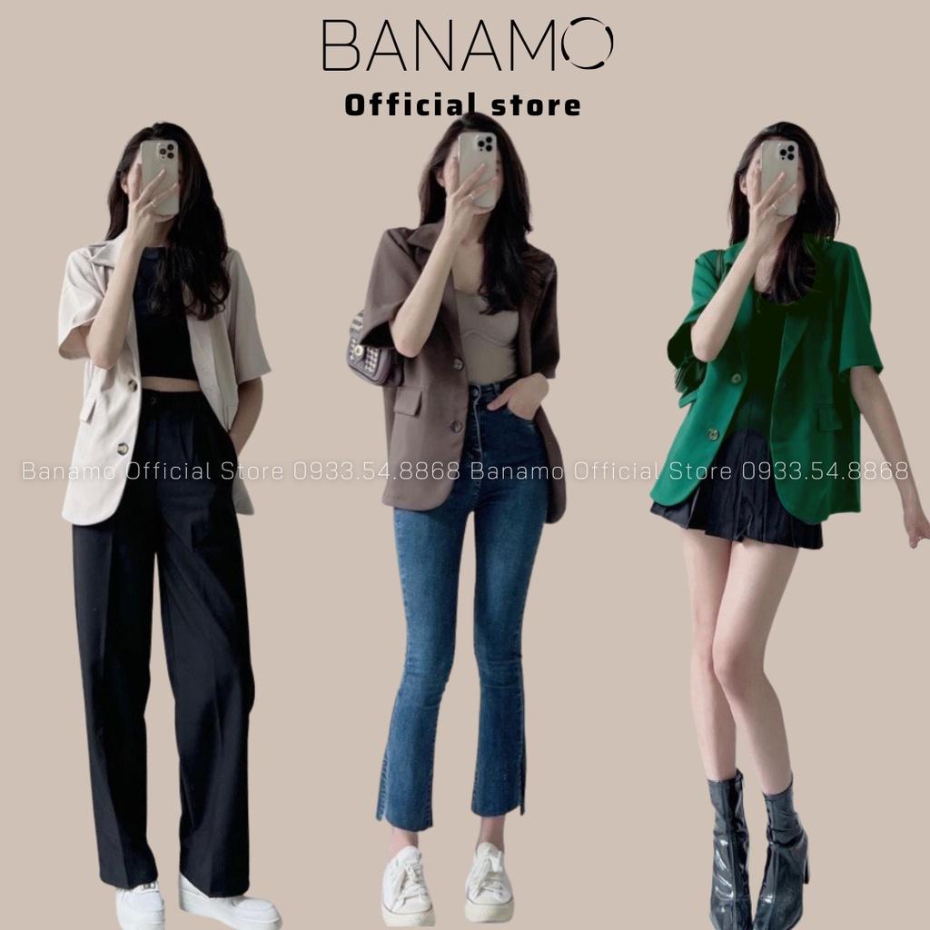 Áo Blazer nữ tay ngắn cổ vest dáng rộng có đệm vai siêu đẹp thời trang Banamo Fashion Áo Blazer cổ vest 3935