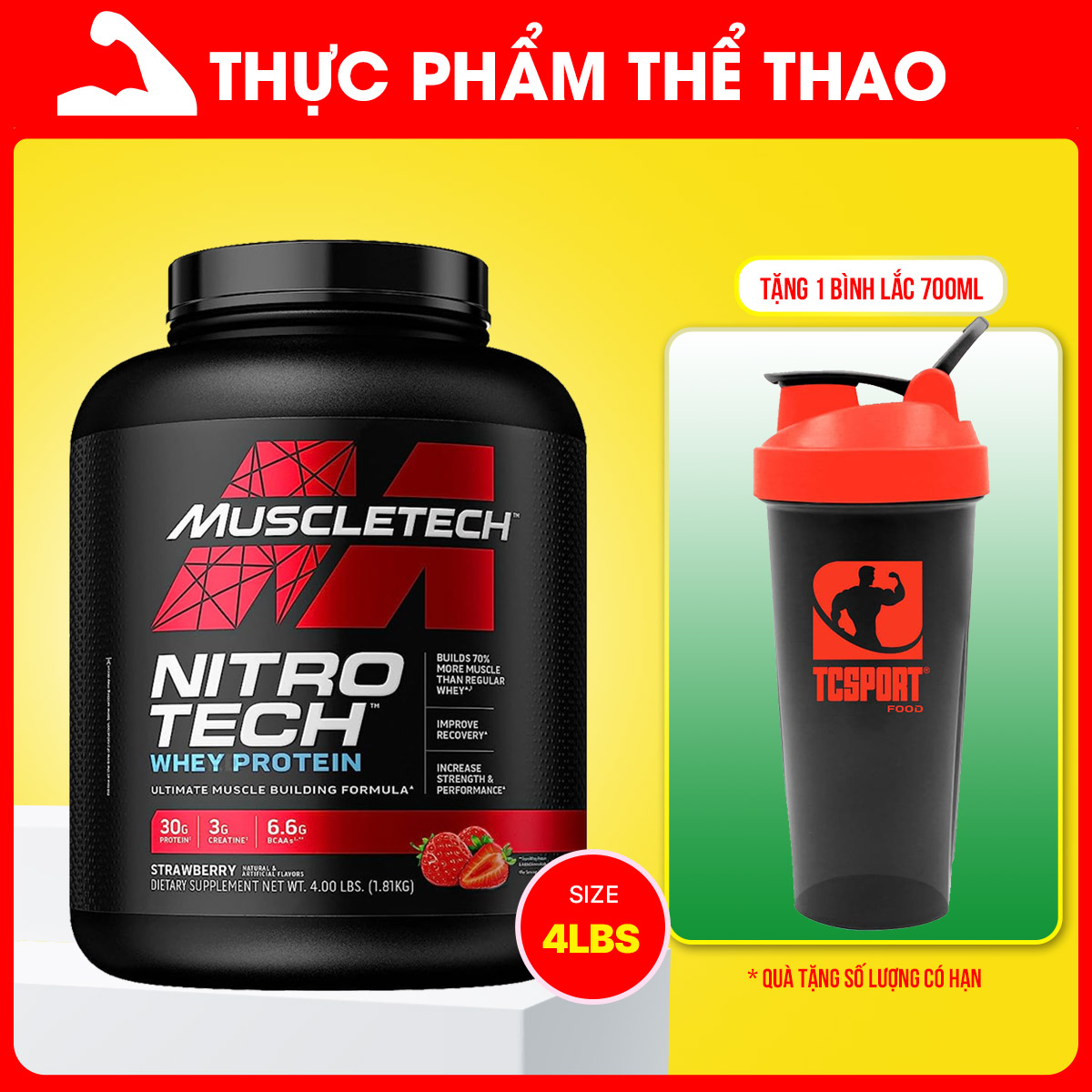 Sữa WHEY PROTEIN Tăng Cơ Tăng sức mạnh Nitro Tech 4lbs (1.81kg) - NHIỀU MÙI VỊ - KÈM QUÀ TẶNG – Bổ sung nguồn Protein chất lượng cao hỗ trợ phát triển cơ bắp to + dày - Hàng chính hãng - Thương hiệu Muscletech USA