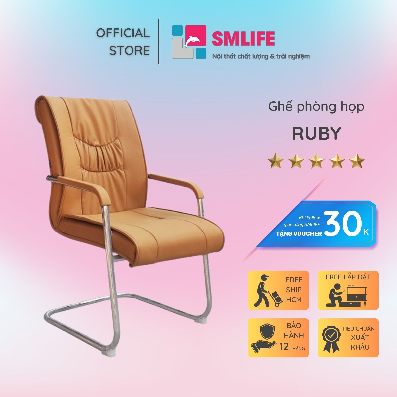 Ghế phòng họp chân quỳ lưng trung bọc da SMLIFE Ruby