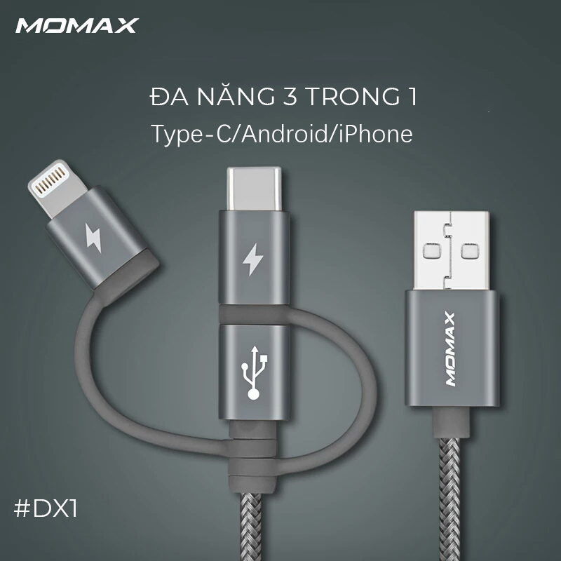 Cáp sạc và Truyền dữ liệu Đa năng 3 trong 1 Momax ONE Link DX1 cổng Type C + Lightning + Micro USB - Hàng chính hãng