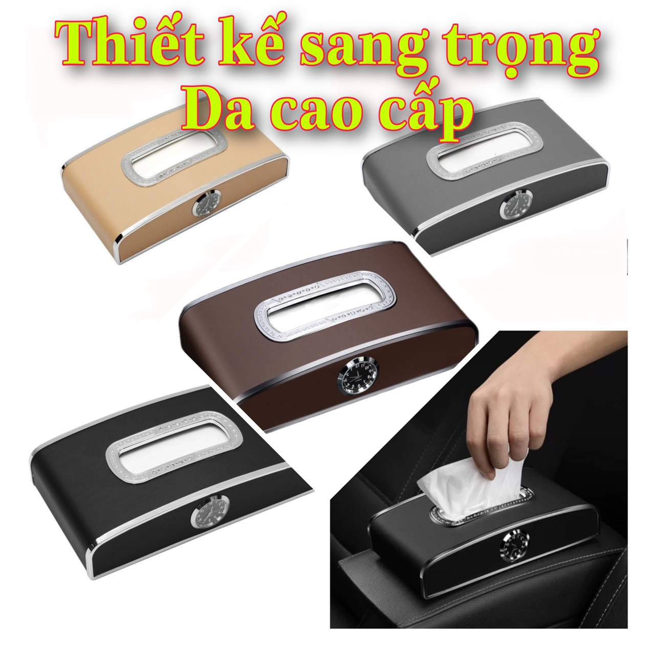 Hộp đựng khăn giấy ô tô xe hơi chất liệu da cao cấp có đồng hồ và bảng số điện thoại