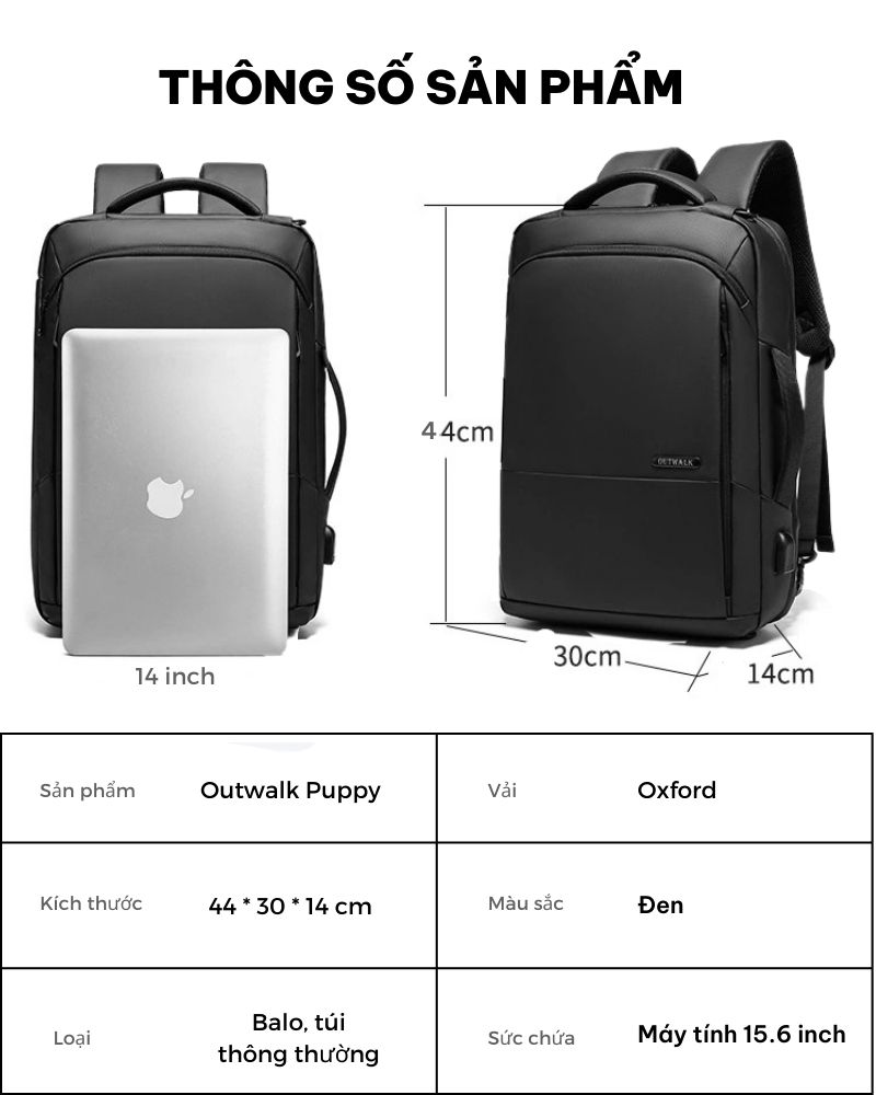 Balo laptop Outwalk Puppy chất liệu vải Oxford cao cấp, hỗ trợ đầu cắm USB, đơn giản sang trọng   GLB1118