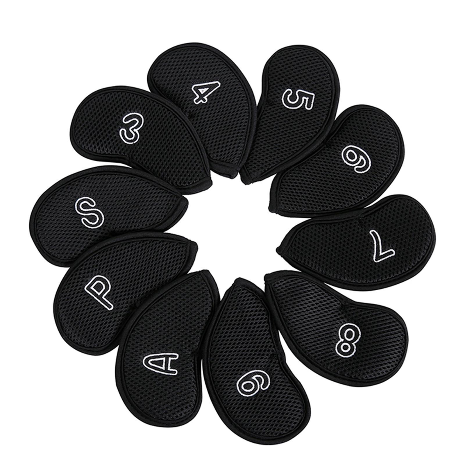 10Pcs/Pack Meshy Golf Iron Head Covers Fit Most Irons Embroidered Black
